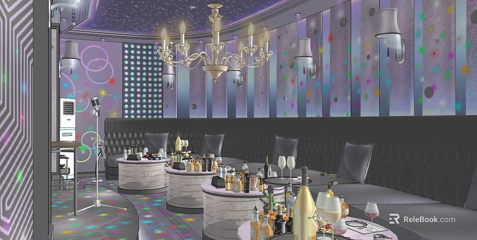 KTV Interior Design With Chandelier Colorful Dot Walls Sofas Round Tables And Drinks 3d model 