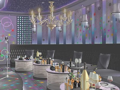 KTV Interior Design With Chandelier Colorful Dot Walls Sofas Round Tables And Drinks 3d model