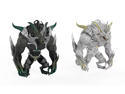Game Movie Fantasy Monster Characters With Horned Armored Muscular Bodies In Black White Colors 3d model