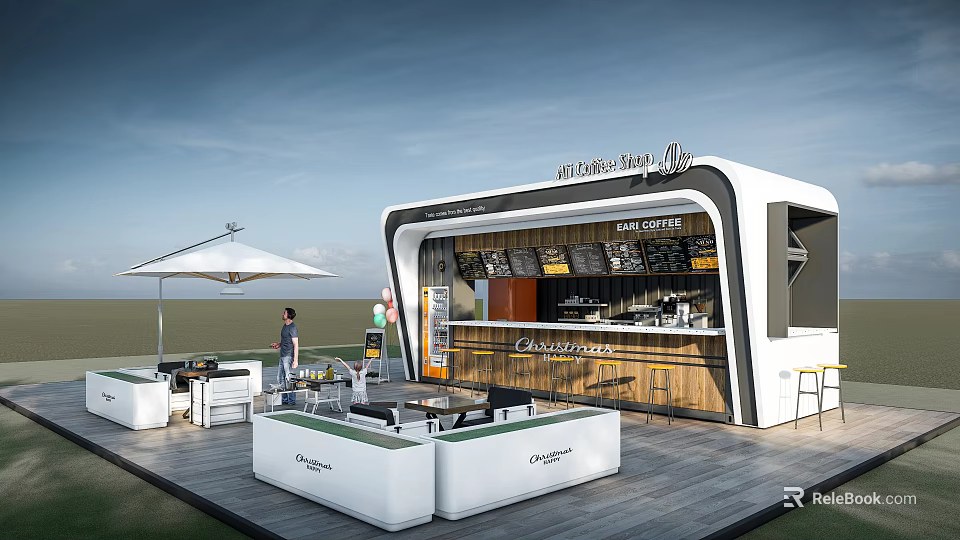 Modern Coffee Shop Storefront Design With Outdoor Seating Glass Display And Wooden Counter 3d model 