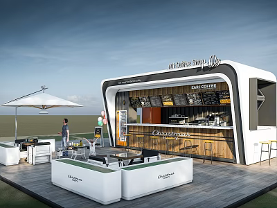 Modern Coffee Shop Storefront Design With Outdoor Seating Glass Display And Wooden Counter 3d model