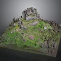 Mountain Model Scene with Rocky Peaks Green Grass Winding Path and Trees