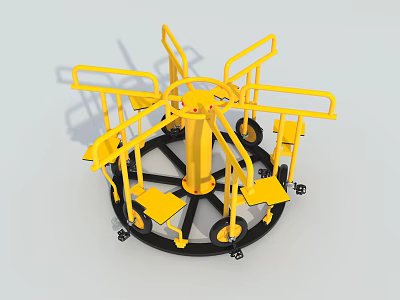 Yellow Rotating Playground Equipment with Seats Handrails and Circular Black Base 3d model