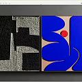 Abstract Paintings Featuring Black White Gray Geometric Shapes Textures Blue Curves And Red Dot