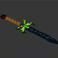Mythical Green Sword With Yellow Hilt Guard Striped Handle Glowing Gem And Runes