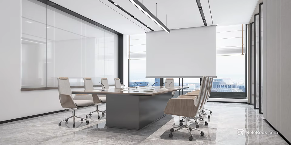 Modern Conference Room Interior With Long Table Projection Screen And Ergonomic Chairs 3d model 
