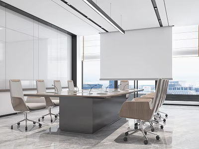 Modern Conference Room Interior With Long Table Projection Screen And Ergonomic Chairs 3d model