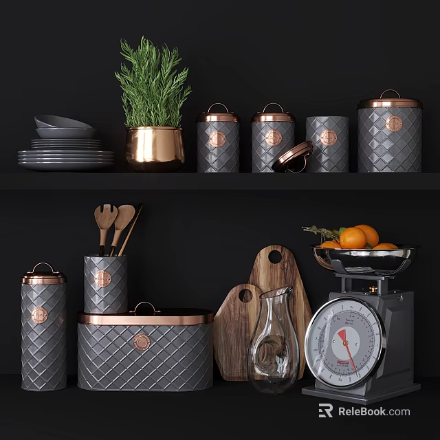 Stylish Modern Kitchenware Collection With Copper Gray Canisters Wooden Cutting Boards And Fruit Bowl 3d model 