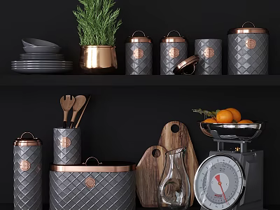 Stylish Modern Kitchenware Collection With Copper Gray Canisters Wooden Cutting Boards And Fruit Bowl 3d model
