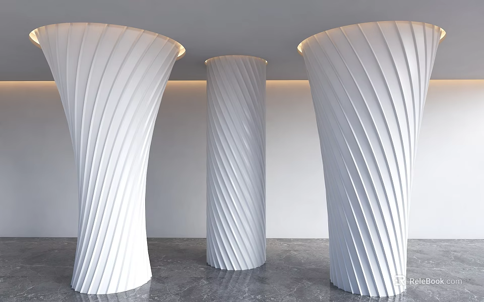 White Twisted Columns in Modern Interior Design with Gray Floor and Smooth Curved Patterns 3d model 