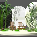 Floral Display with Bamboo Plants Wooden Chairs Circular Backdrops and Lush Greenery