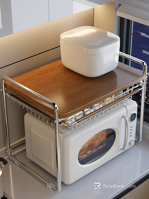 Practical Kitchenware Storage Rack With Wooden Top Rice Cooker And Microwave Oven 3d model 