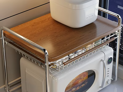 Practical Kitchenware Storage Rack With Wooden Top Rice Cooker And Microwave Oven 3d model