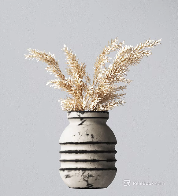 White Vase With Black Stripes Holding Golden Dried Wheat for Interior Decoration 3d model 