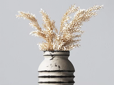 White Vase With Black Stripes Holding Golden Dried Wheat for Interior Decoration 3d model