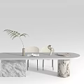 Elegant Oval Office Desk With Stone Top And Legs Featuring Fern Plant Books And Decorations