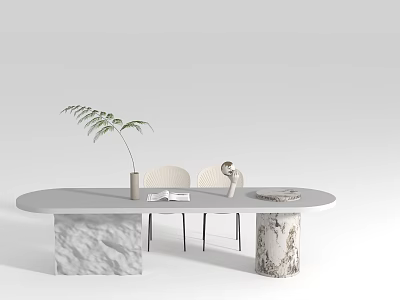 Elegant Oval Office Desk With Stone Top And Legs Featuring Fern Plant Books And Decorations 3d model