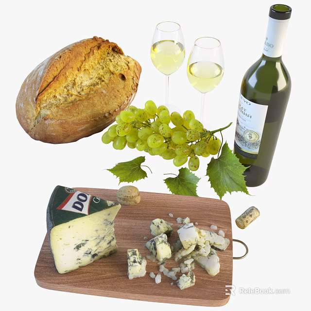 Delicious Food Platter With Bread Grapes White Wine And Blue Cheese 3d model 