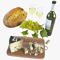 Delicious Food Platter With Bread Grapes White Wine And Blue Cheese