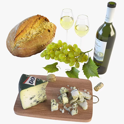 Modern Food Fruit Bread Grape Wine Cheese Combo 3d model Modern Food Fruit Bread Grape Wine Cheese Combo 3d model