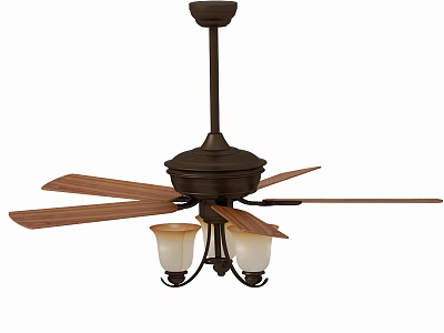 Classic Ceiling Fan With Wooden Blades And Two Light Fixtures Design 3d model