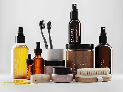 Stylish Bathroom Essentials With Natural Soap Spray Bottles And Wooden Brush 3d model