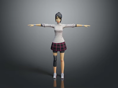 Child In White Long Sleeve Top Plaid Skirt With Knee Pads Arms Outstretched Wearing Sneakers 3d model