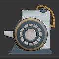 Futuristic Sci-Fi Machine With White Gray Body Yellow Stripes Spiral Top Gray Base Open Compartment