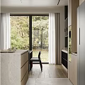 Modern Restaurant Interior With Island Counter Large Windows Green Trees White Curtains And Black Chairs