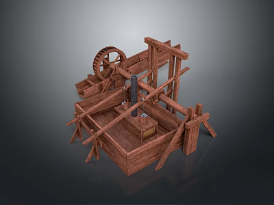 Vintage Industrial Equipment Wooden Mechanical Structure With Wheel And Support Frames 3d model