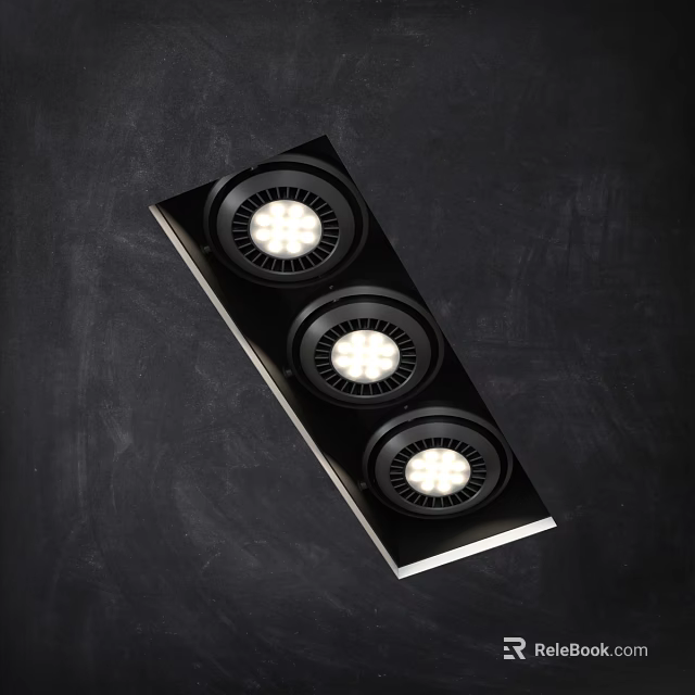 Three Illuminated Downlights Spotlights Mounted On Black Panel With White Border Against Dark Background 3d model 