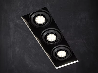 Three Illuminated Downlights Spotlights Mounted On Black Panel With White Border Against Dark Background 3d model