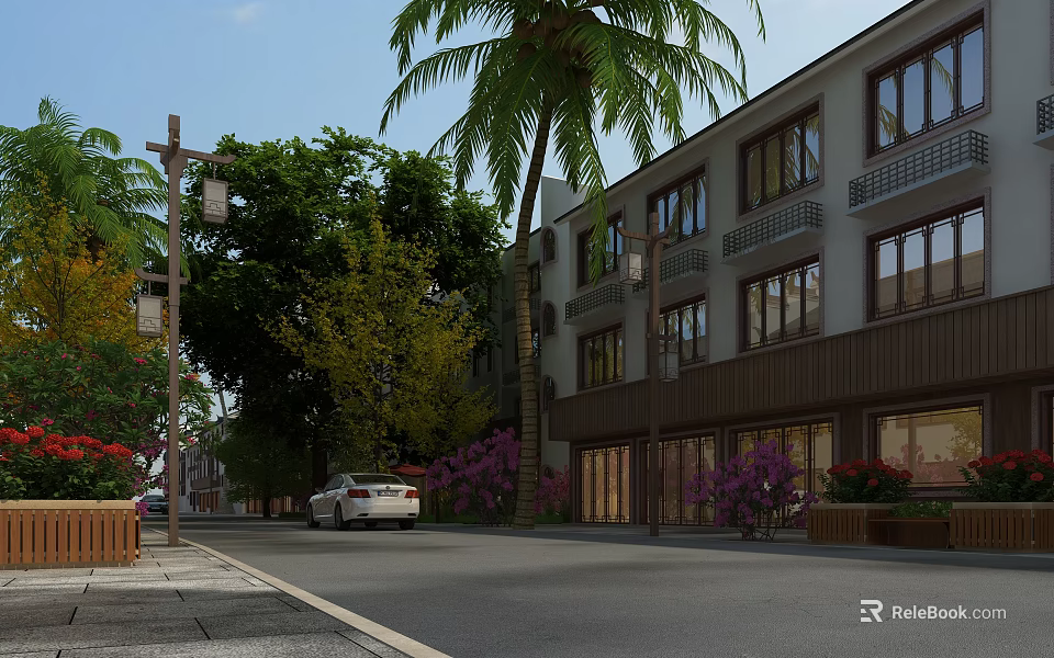 Commercial Street With Modern Shop Fronts Street Lamps Palm Trees Purple Flowers And White Car 3d model 