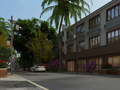Commercial Street With Modern Shop Fronts Street Lamps Palm Trees Purple Flowers And White Car 3d model