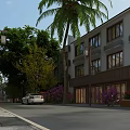 Commercial Street With Modern Shop Fronts Street Lamps Palm Trees Purple Flowers And White Car