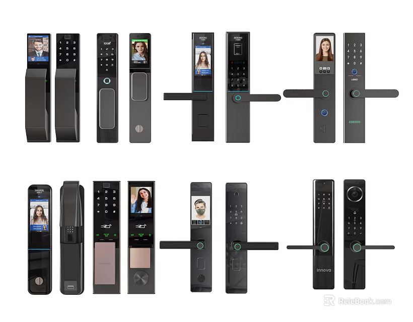 Modern Smart Door Handles Featuring Digital Screens Fingerprint Scanners And Camera Designs 3d model 