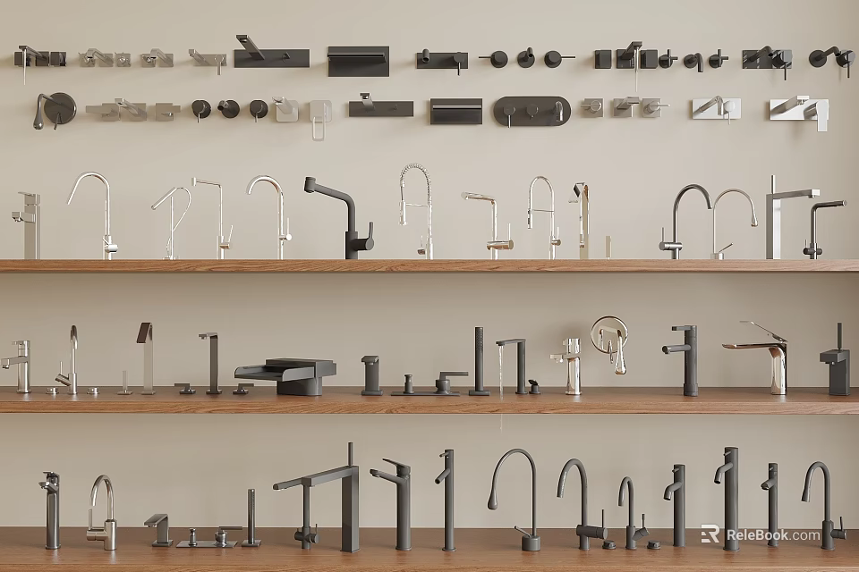 Various Styles And Colors Of Faucets Neatly Arranged On Wooden Display Shelves 3d model 