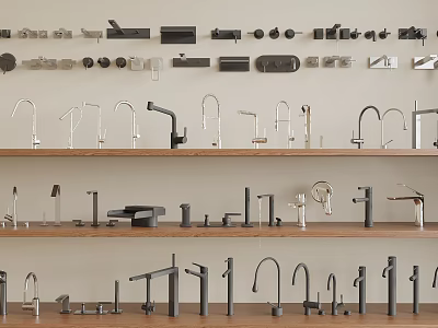 Various Styles And Colors Of Faucets Neatly Arranged On Wooden Display Shelves 3d model
