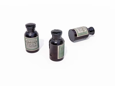 Three Dark Glass Bottles With EXMINA Label And Closed Caps On White Background 3d model