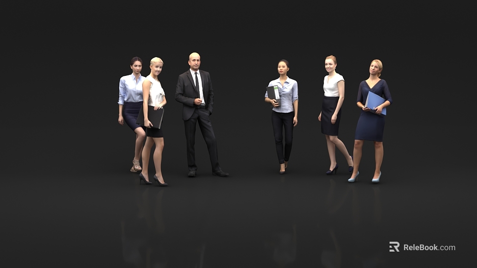 Group of Business Professionals in Formal Attire Holding Documents Standing Together as Team 3d model 