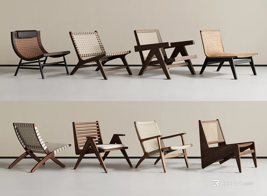 Leisure Chairs In Various Designs With Wooden Frames And Woven Elements 3d model