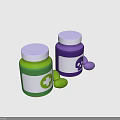 Green and Purple Medicine Bottles with Cross Skull Symbols and Pills