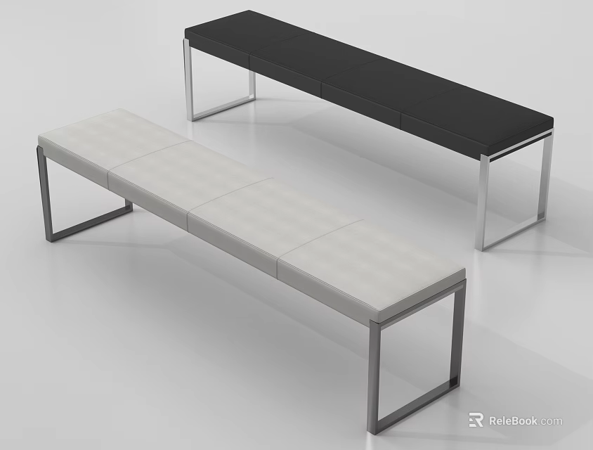 Modern White and Black Benches with Metal Frame and Padded Seats 3d model 