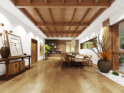 Modern Conference Room Interior With Wooden Ceiling Meeting Table Chairs And Green Plants 3d model