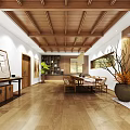 Modern Conference Room Interior With Wooden Ceiling Meeting Table Chairs And Green Plants