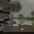 Serene Modern Garden Landscape Design With Fountains White Chairs Pink Flower Tree And Wooden Deck