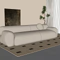 Beige Upholstered Sectional Sofa With Rounded Arms Accent Pillow Patterned Rug And Wall Art