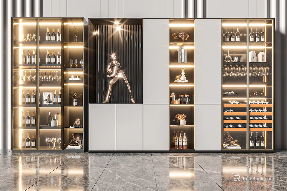 Modern Wine Cabinet With Glass Doors Layered Shelves And Decorative Wine Bottles 3d model 