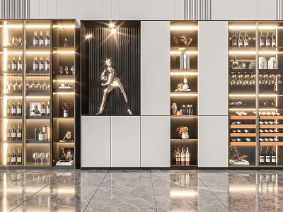 Modern Wine Cabinet With Glass Doors Layered Shelves And Decorative Wine Bottles 3d model