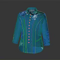 Elegant Blue Coat With Classic Collar Embroidered Floral Patterns And Golden Buttons